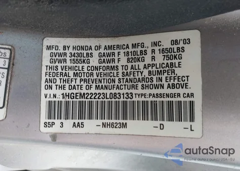 2003 Honda Civic Dx z USA, uszkodzony, nr VIN 1HGEM22223L083133